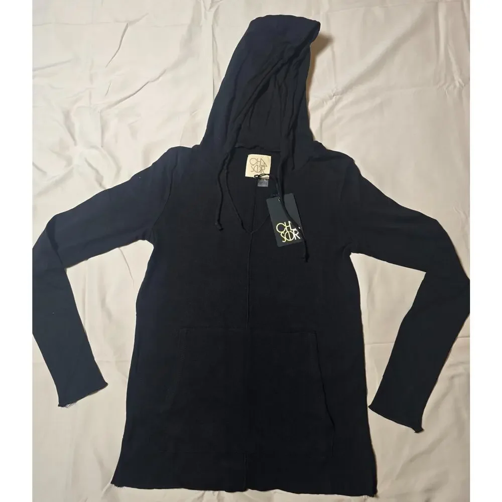 NWT Chaser Black Lightweight Pullover Hoodie Raw Hem Kangaroo Pocket Small - Picture 3 of 7